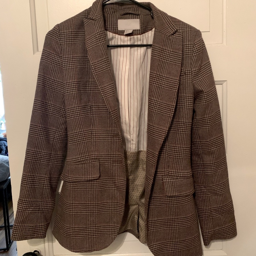 H&M brown houndstooth fitted wool blend blazer